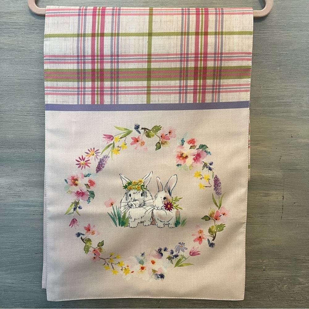 Linen Spring Easter Bunny Rabbit Flower Table Runner Pink/Green Purple Plaid GC